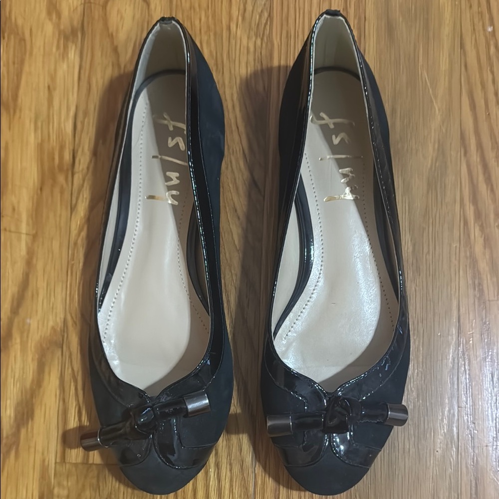 Black patent leather and suede French Sole NY flats